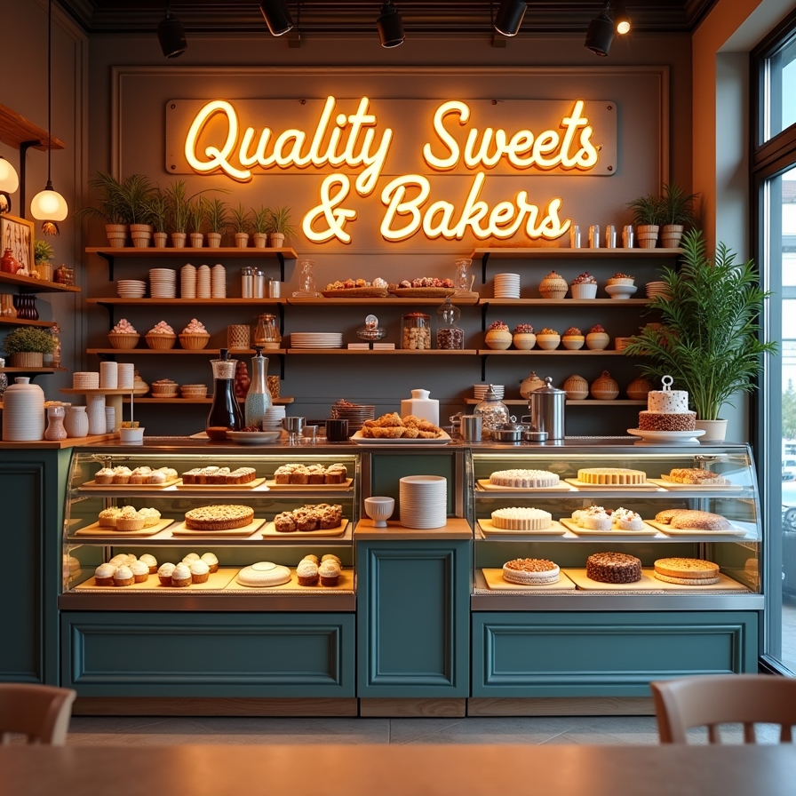 Colourful bakery counter at Quality Sweets & Bakes